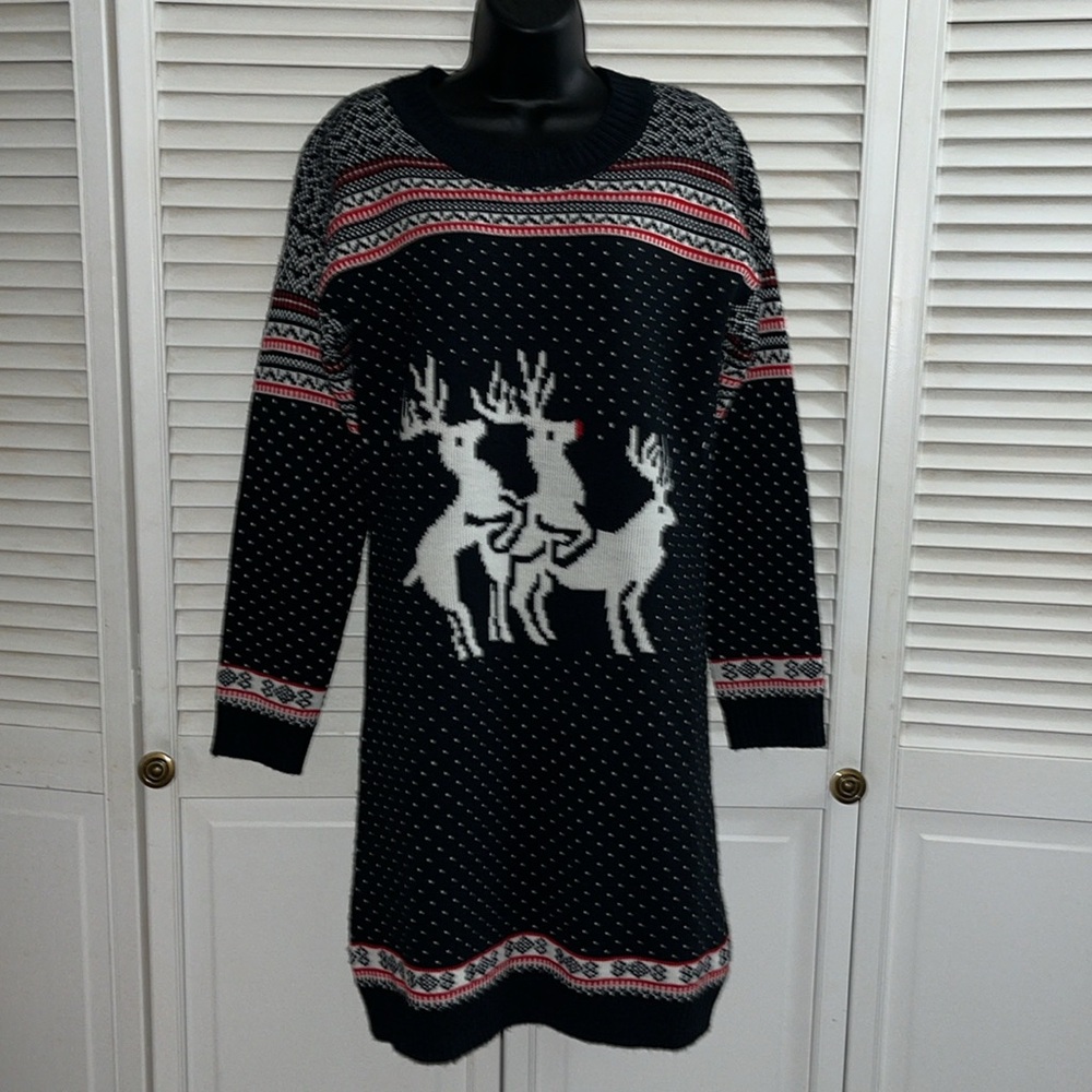 NWOT Festified Sweater Dress Reindeer Ugly Christmas Naughty Faire Isle